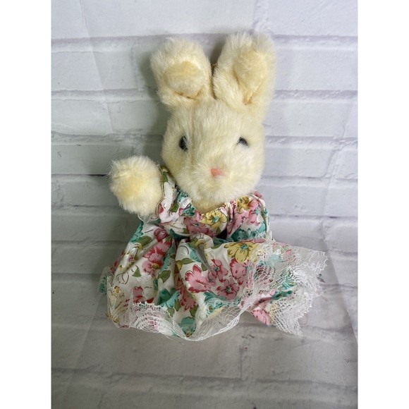 VTG Easter Pets Beige Yellow Bunny Rabbit Floral Dress Plush Stuffed Toy Animal - Picture 1 of 7